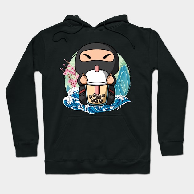 Boba Tea Ninja Japanese Great Wave Kanagawa Hoodie by TheBeardComic